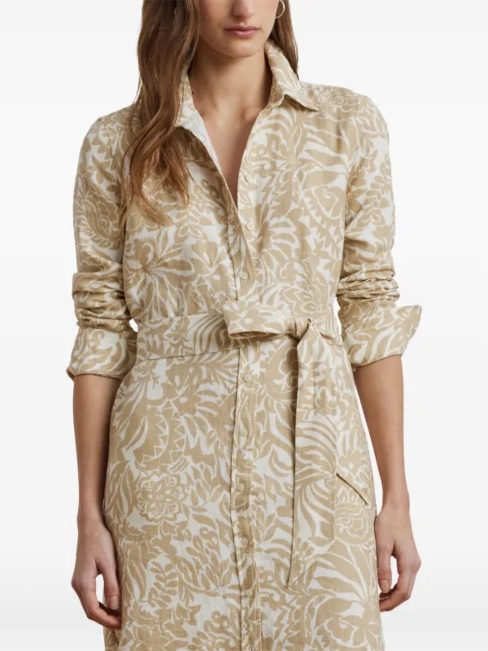 100% Linen Lauren Ralph Lauren Beige Floral Button-Front Shirt Dress Size 8 - Picture 2 of 11